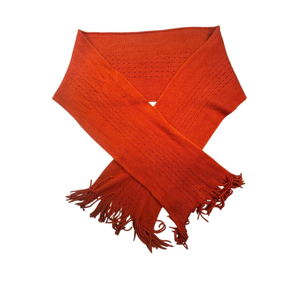 Fringe Knit Scarf Rust Orange Pointelle Ribbed